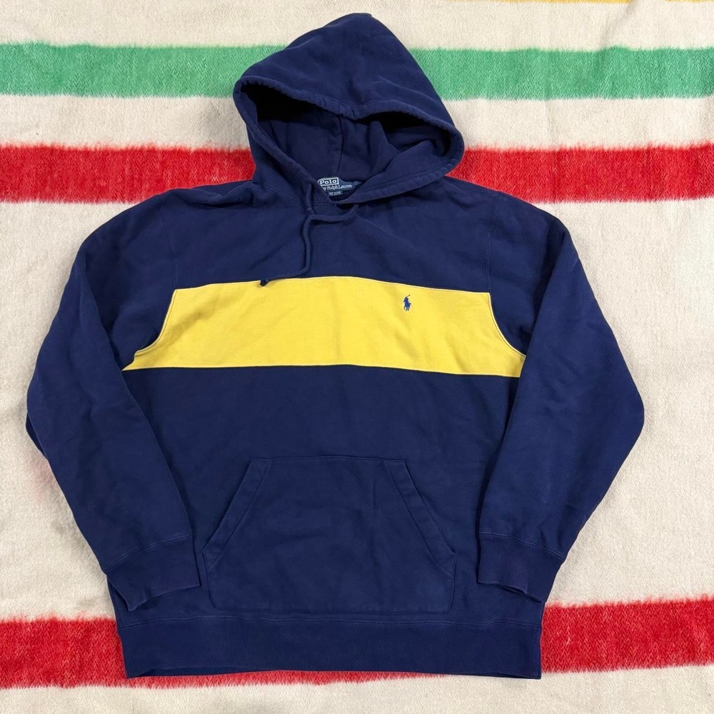 Vintage 90s Polo Ralph Lauren Hoodie XL Navy Blue Yellow Color Blocked READ